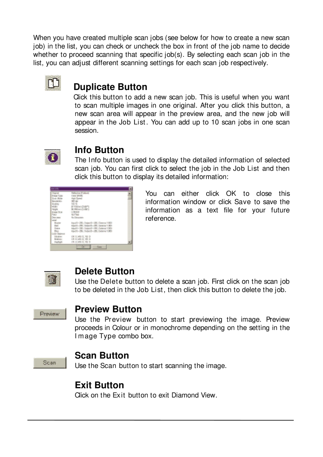 Mitsubishi Electronics DV1248ST Duplicate Button, Info Button, Delete Button, Preview Button, Scan Button, Exit Button 