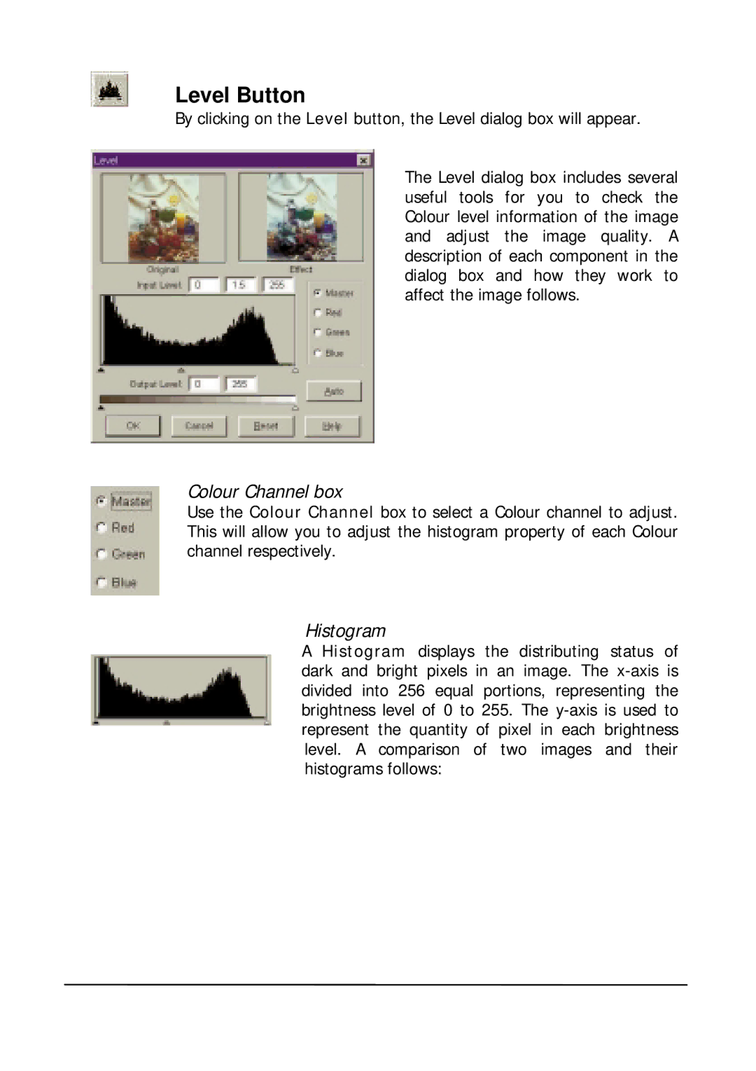 Mitsubishi Electronics DV1248ST user manual Level Button, Colour Channel box, Histogram 