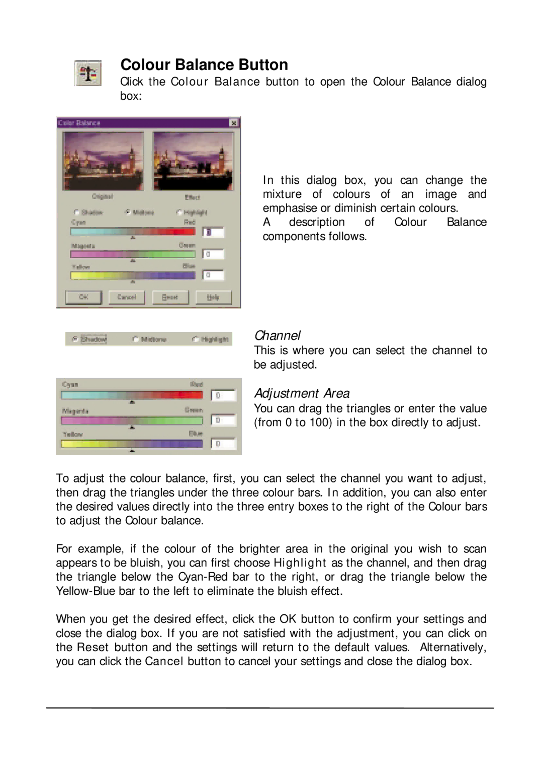 Mitsubishi Electronics DV1248ST user manual Colour Balance Button, Channel, Adjustment Area 