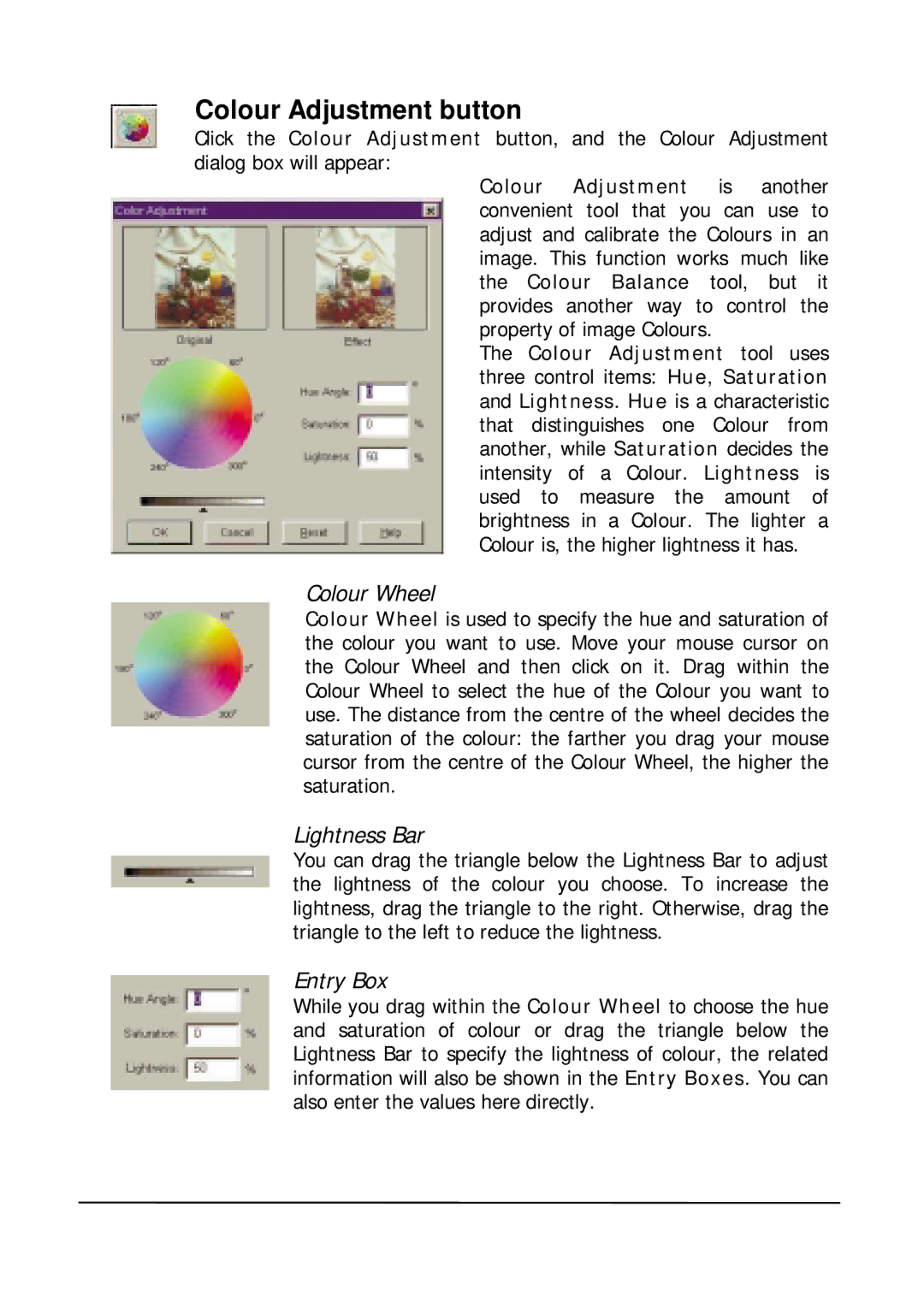 Mitsubishi Electronics DV1248ST user manual Colour Adjustment button, Colour Wheel, Lightness Bar, Entry Box 