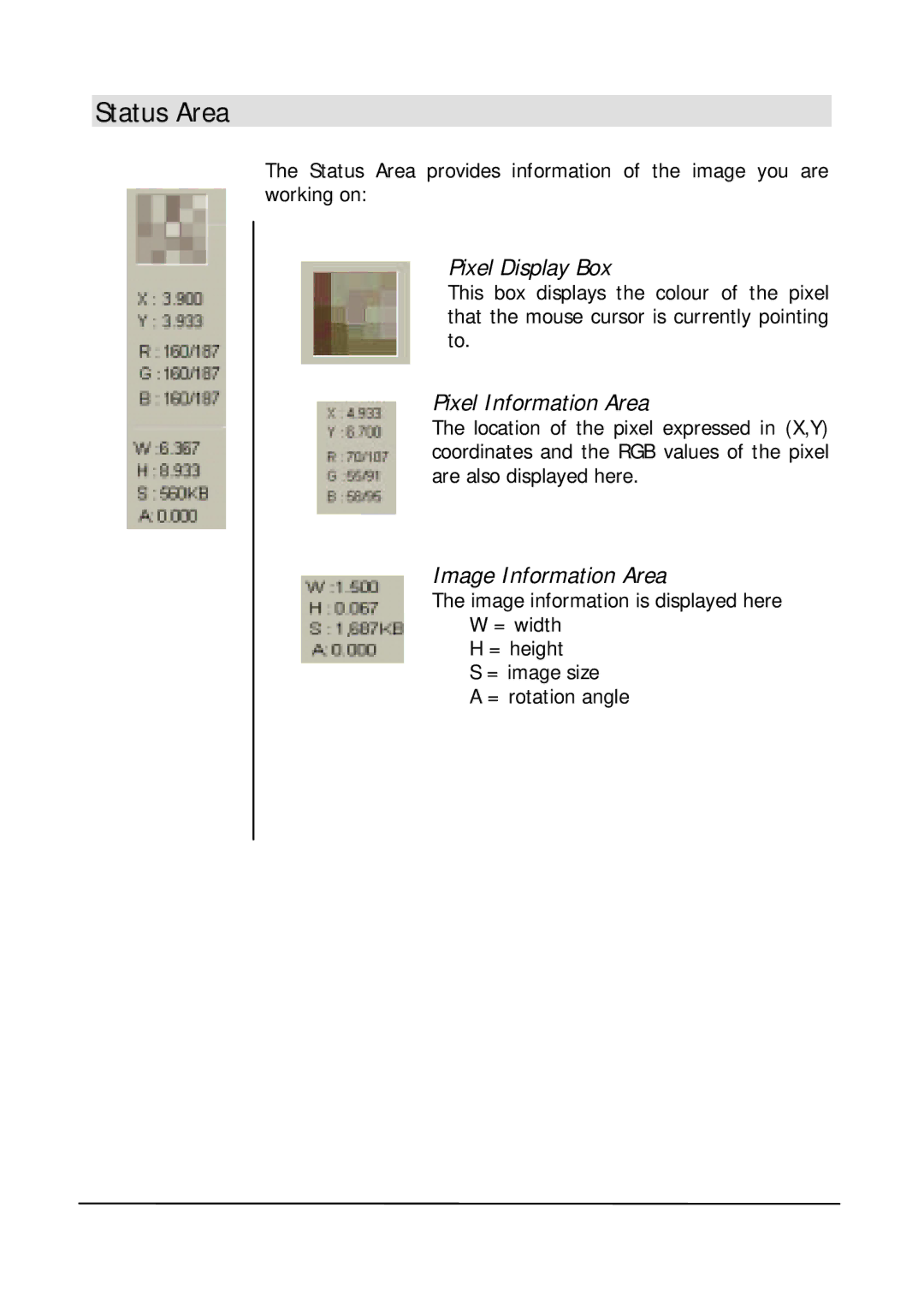 Mitsubishi Electronics DV1248ST user manual Status Area, Pixel Display Box, Pixel Information Area, Image Information Area 