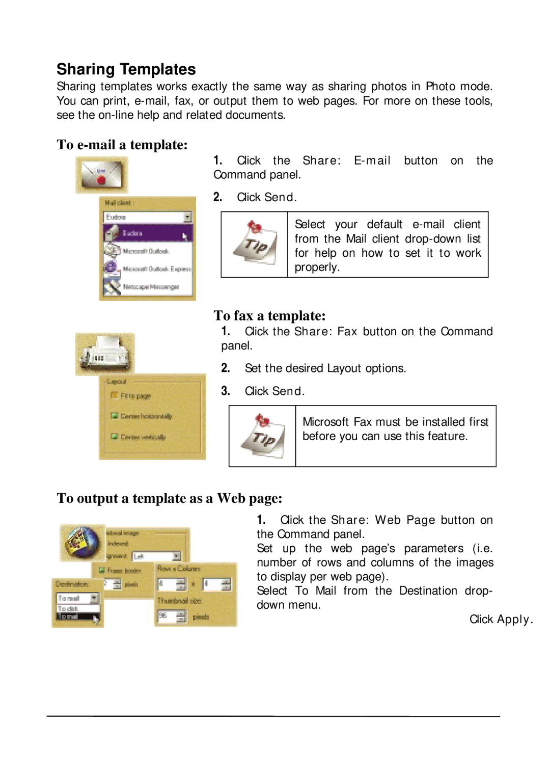 Mitsubishi Electronics DV1248ST Sharing Templates, To e-mail a template, To fax a template, To output a template as a Web 