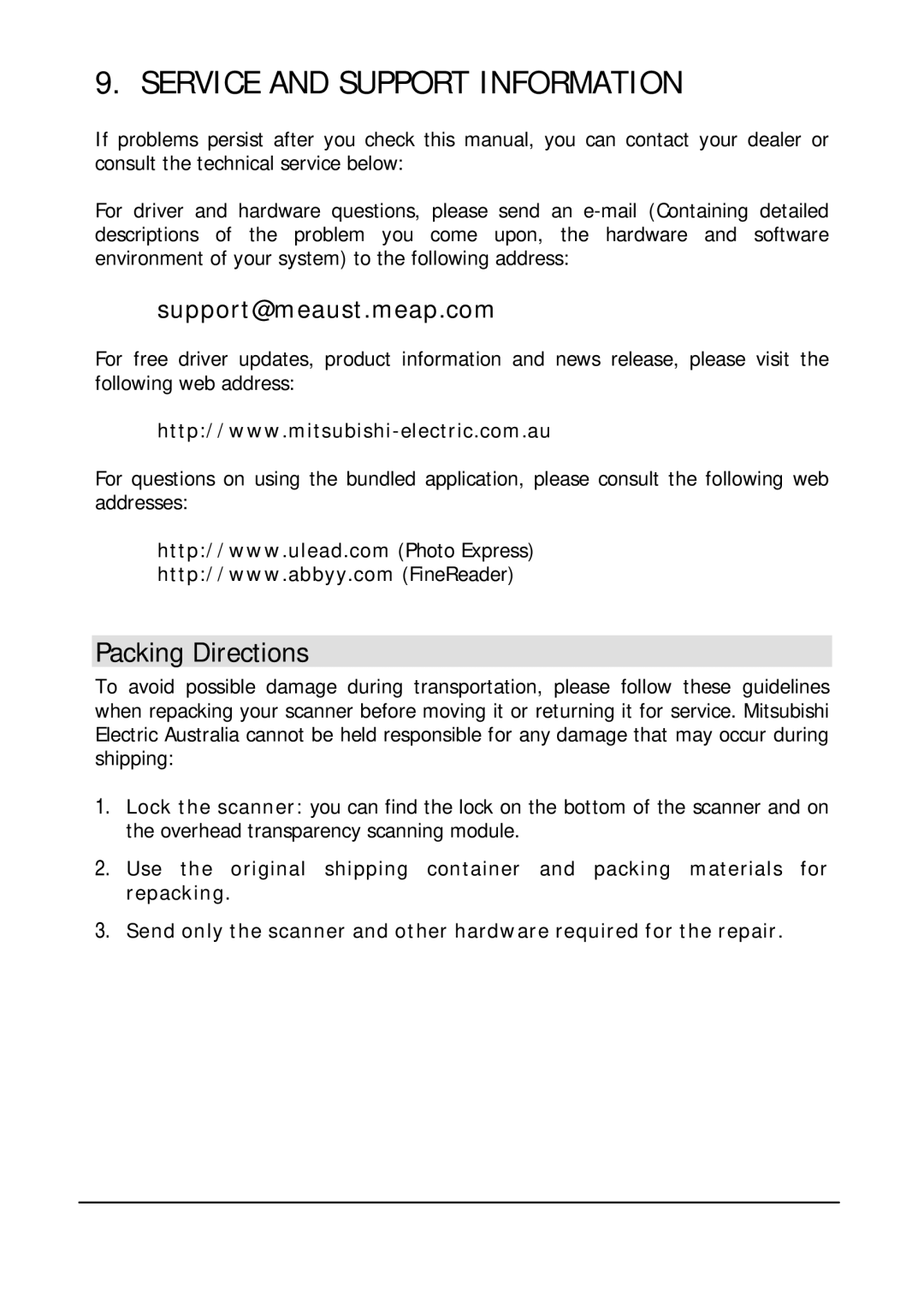 Mitsubishi Electronics DV1248ST user manual Service and Support Information, Packing Directions 