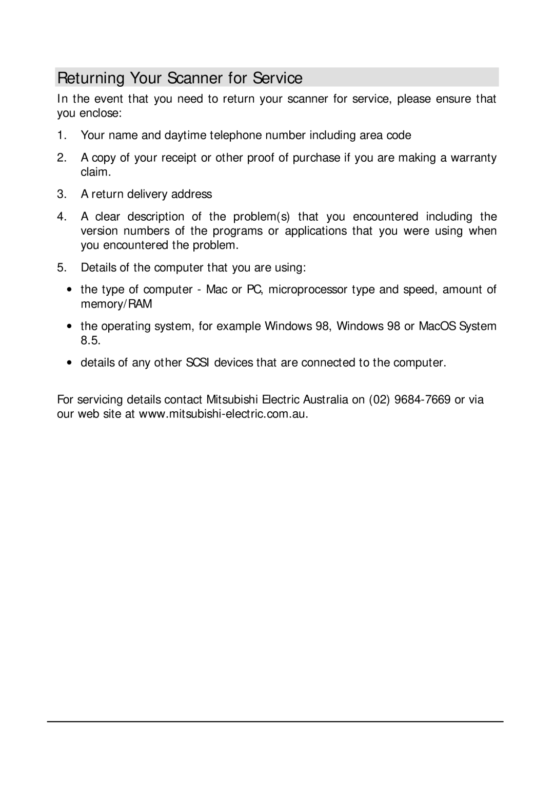 Mitsubishi Electronics DV1248ST user manual Returning Your Scanner for Service 