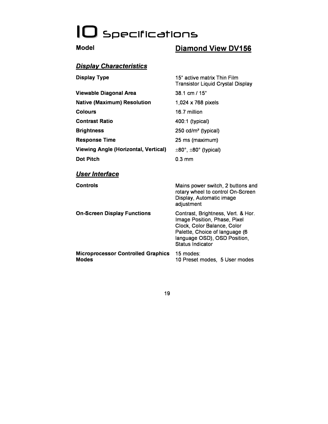 Mitsubishi Electronics manual Specifications, Diamond View DV156 