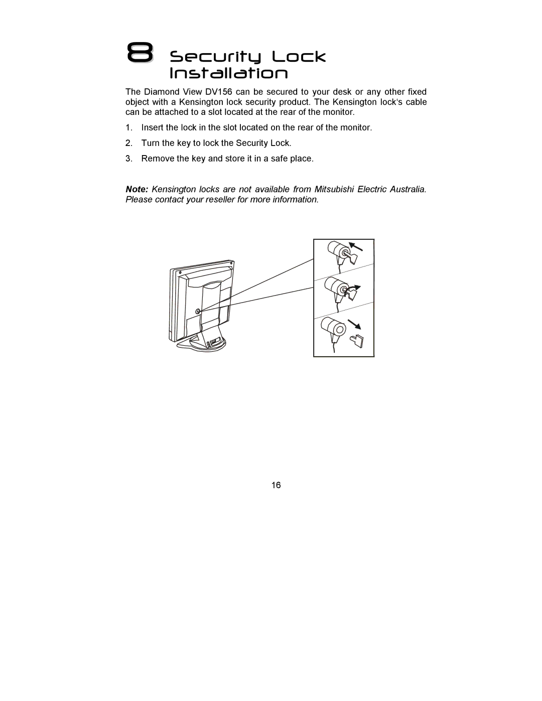 Mitsubishi Electronics DV156 manual Security Lock Installation 