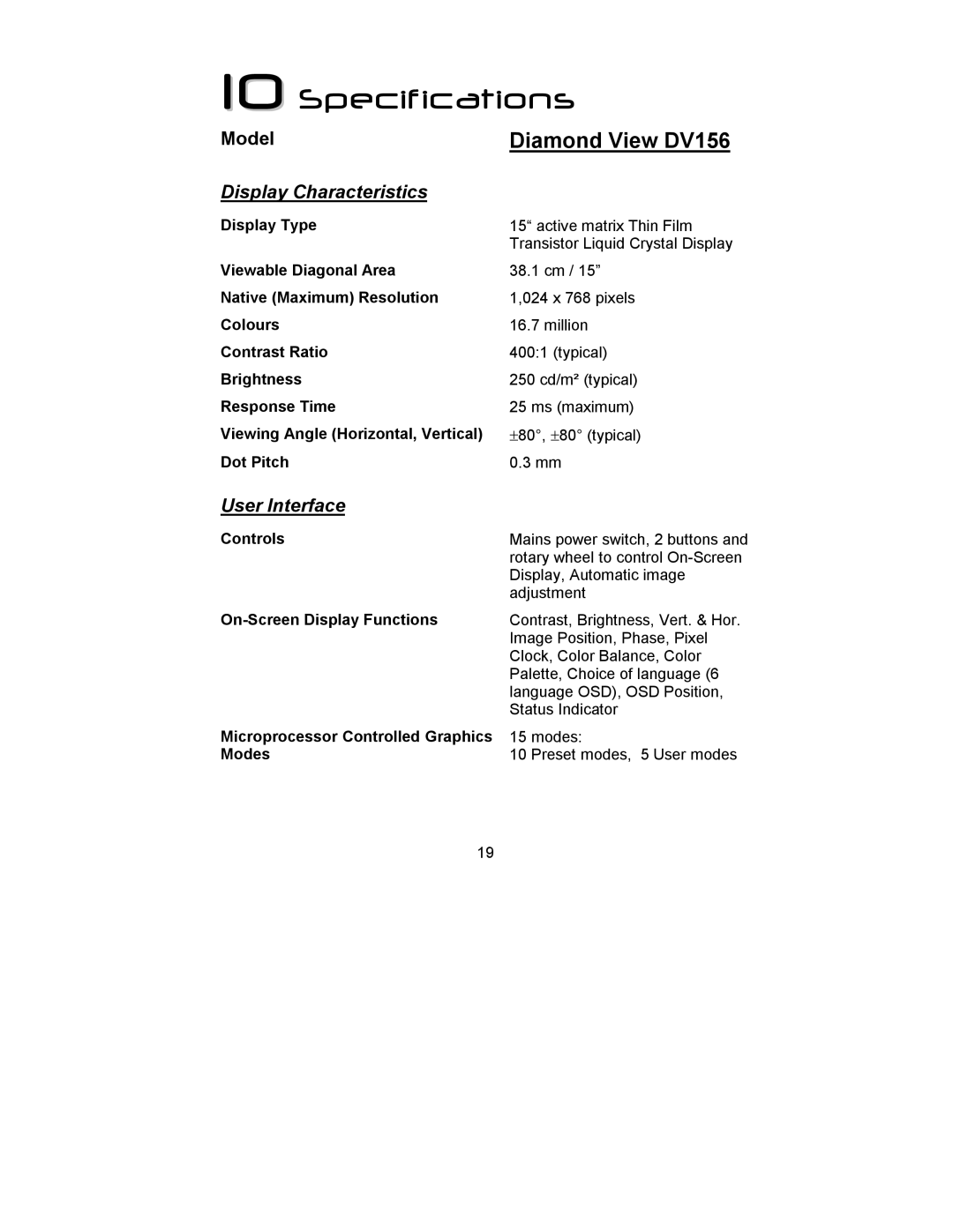 Mitsubishi Electronics manual Specifications, Diamond View DV156 