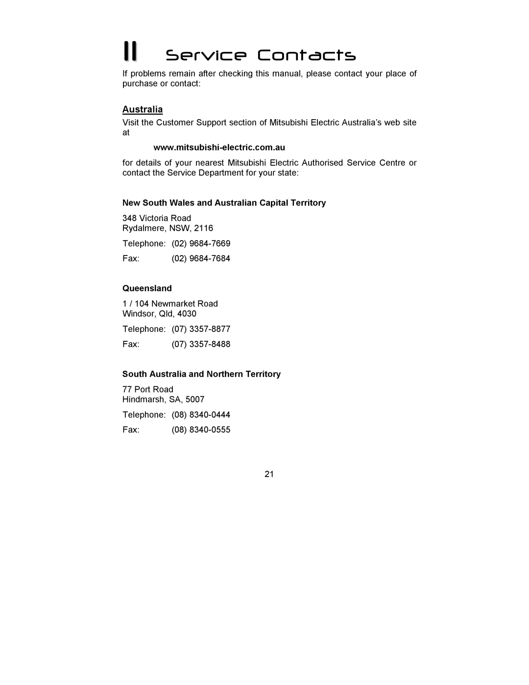 Mitsubishi Electronics DV156 manual Service Contacts, Australia 