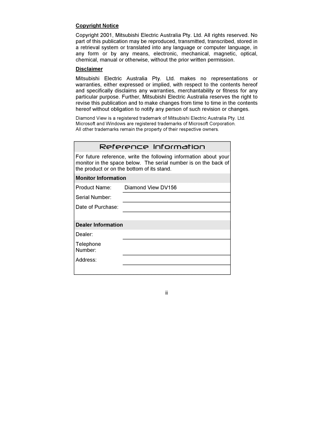 Mitsubishi Electronics DV156 manual Reference Information 