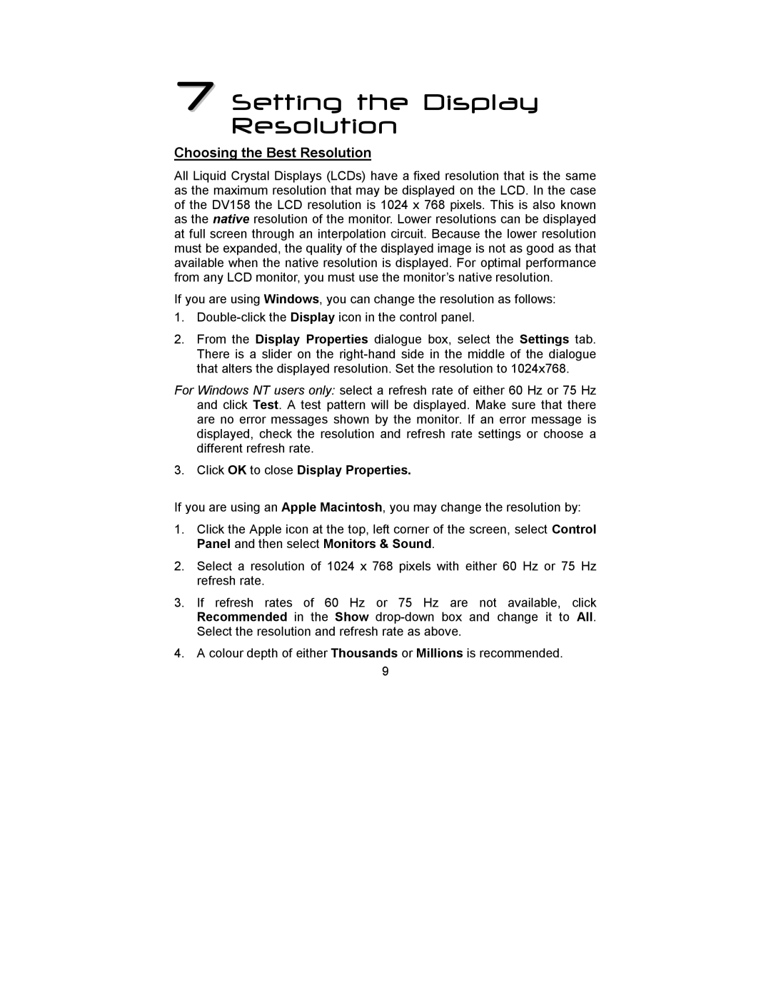 Mitsubishi Electronics DV158 manual Setting the Display Resolution, Choosing the Best Resolution 