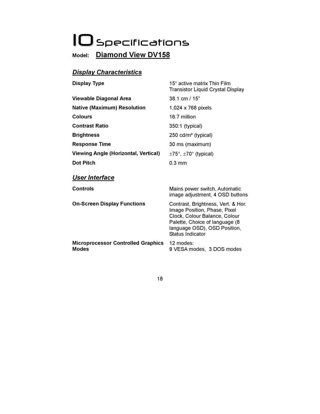 Mitsubishi Electronics manual 10Specifications, Model Diamond View DV158 