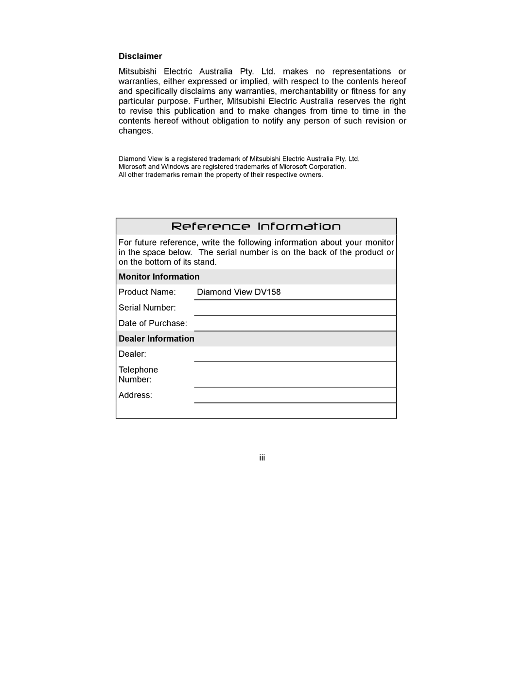 Mitsubishi Electronics DV158 manual Reference Information 