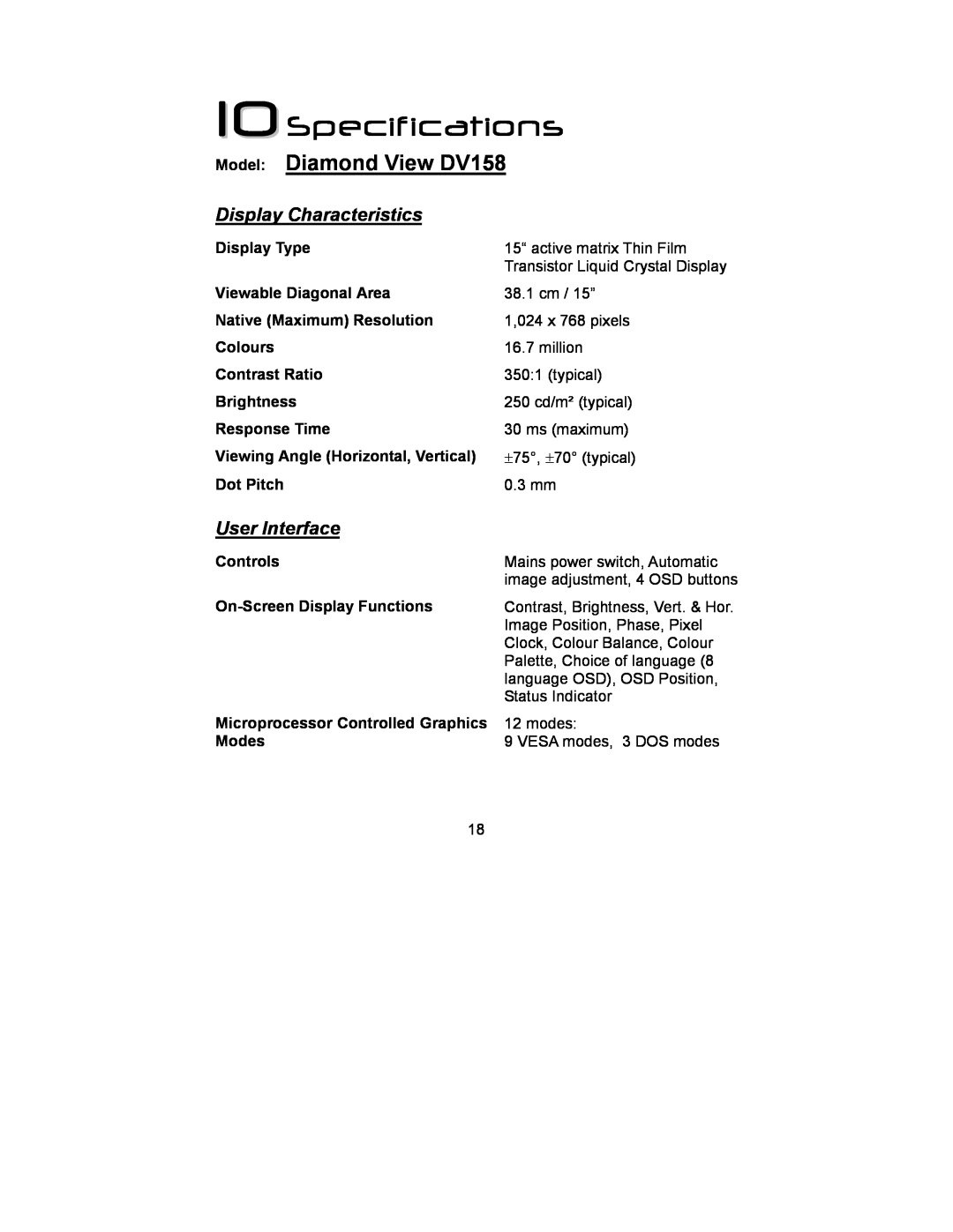 Mitsubishi Electronics manual 10Specifications, Model Diamond View DV158, Display Characteristics, User Interface 