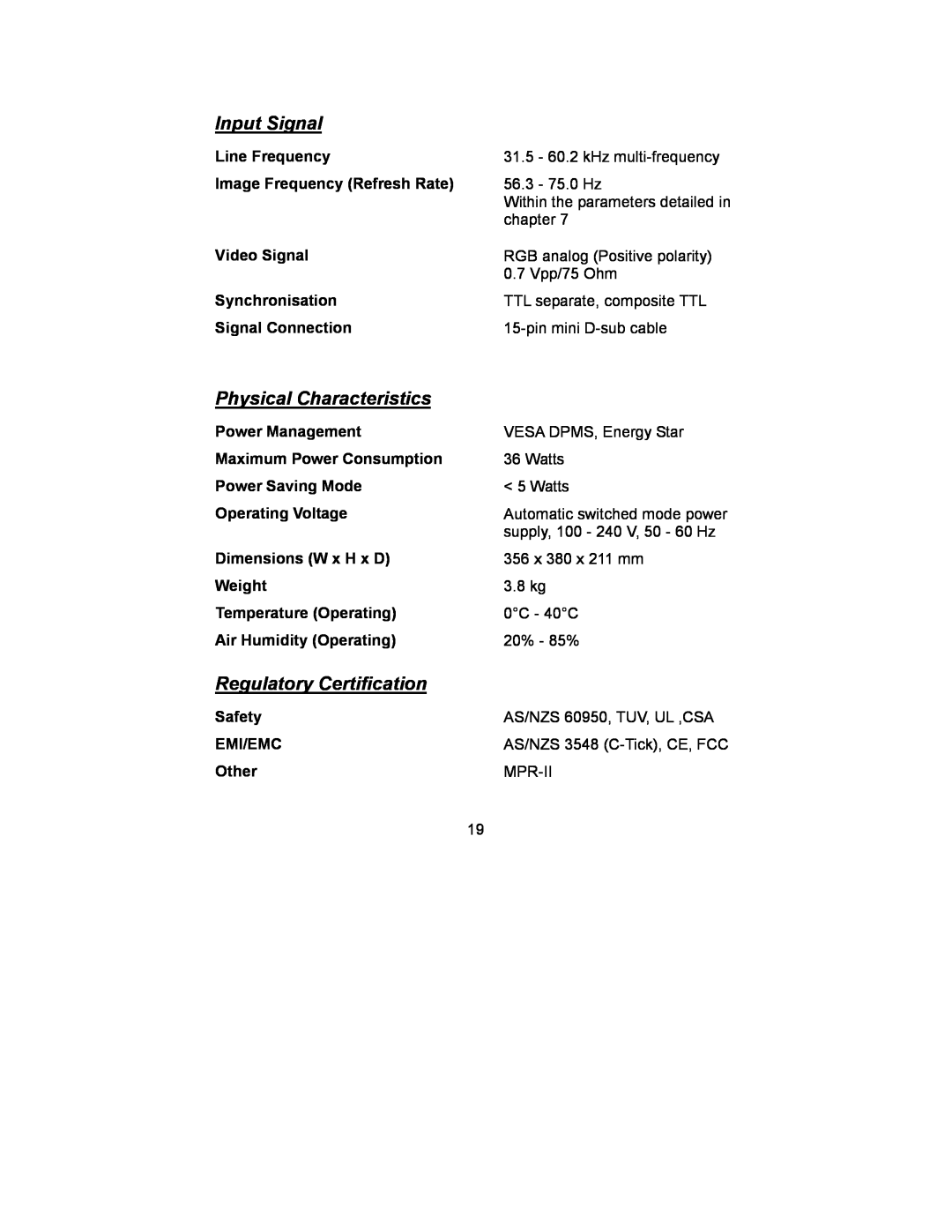 Mitsubishi Electronics DV158 manual Input Signal, Physical Characteristics, Regulatory Certification 