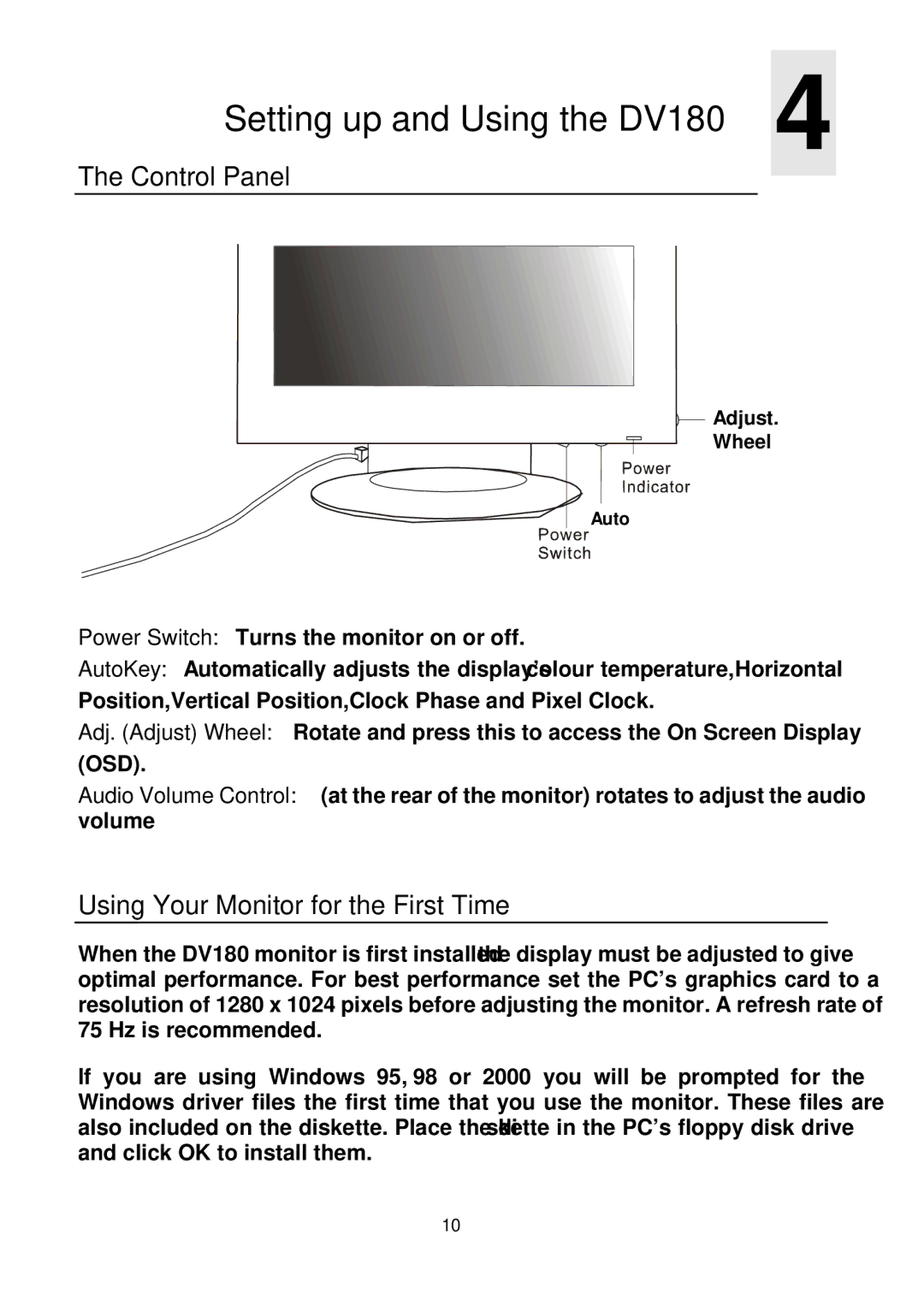 Mitsubishi Electronics user manual Setting up and Using the DV180, Control Panel, Using Your Monitor for the First Time 