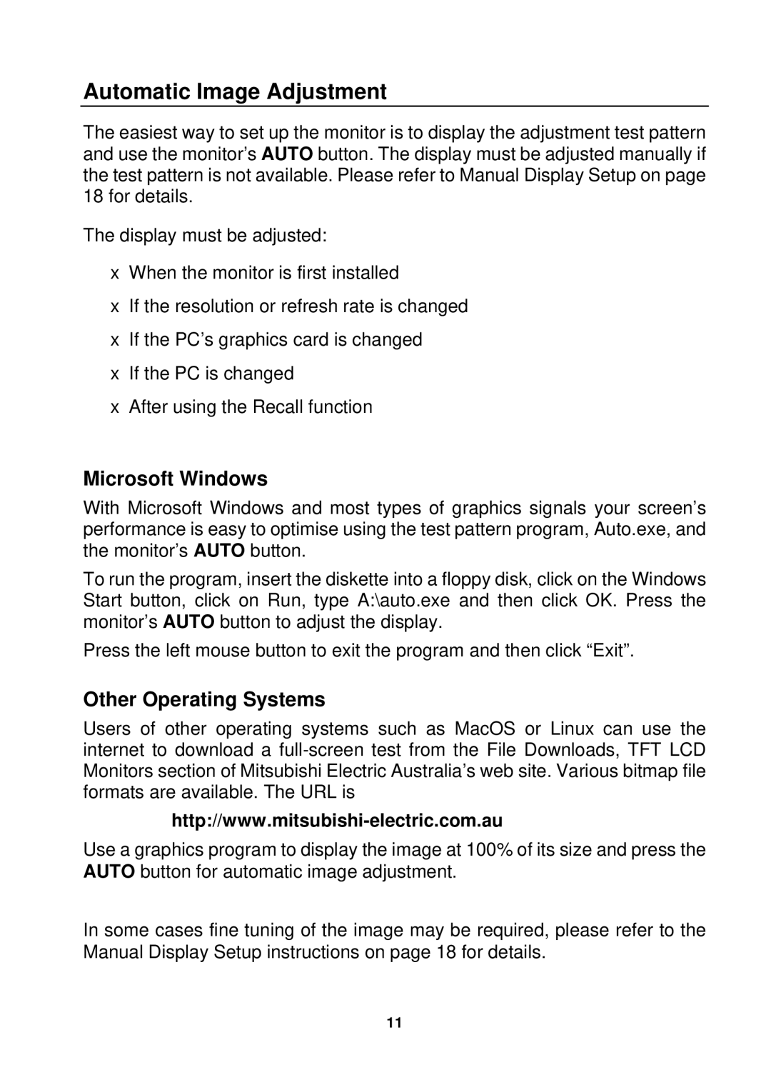 Mitsubishi Electronics DV180 user manual Automatic Image Adjustment, Microsoft Windows 