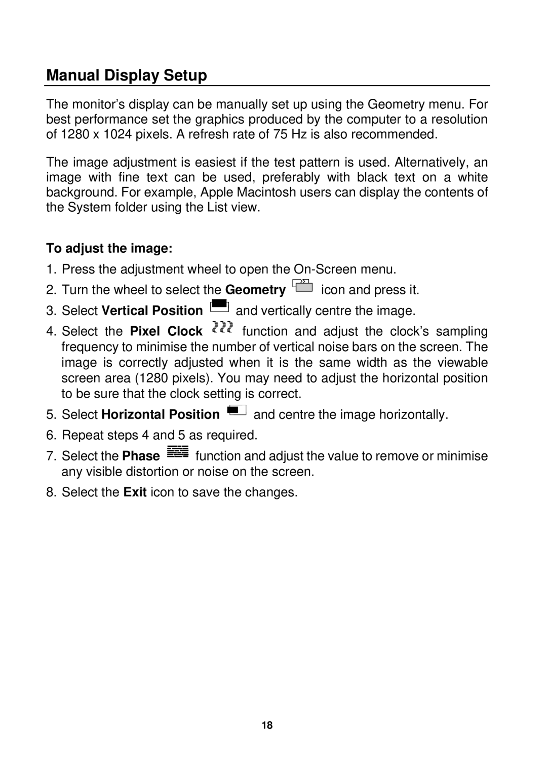 Mitsubishi Electronics DV180 user manual Manual Display Setup, To adjust the image 