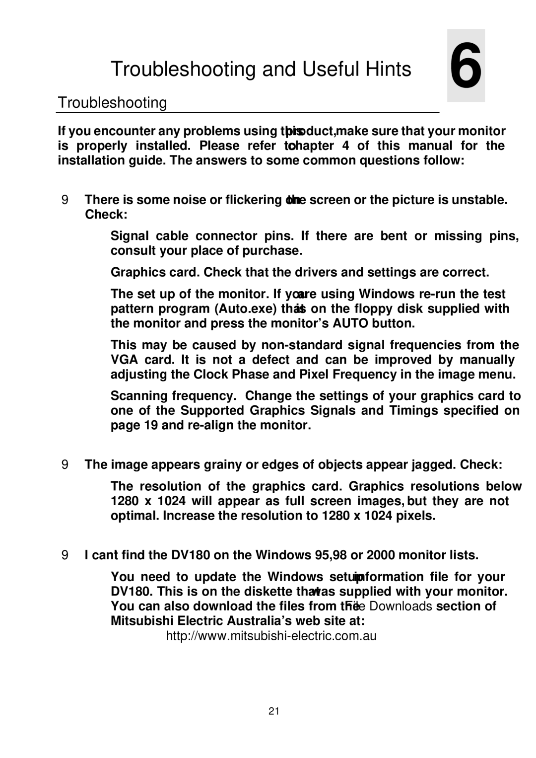 Mitsubishi Electronics DV180 user manual Troubleshooting and Useful Hints 