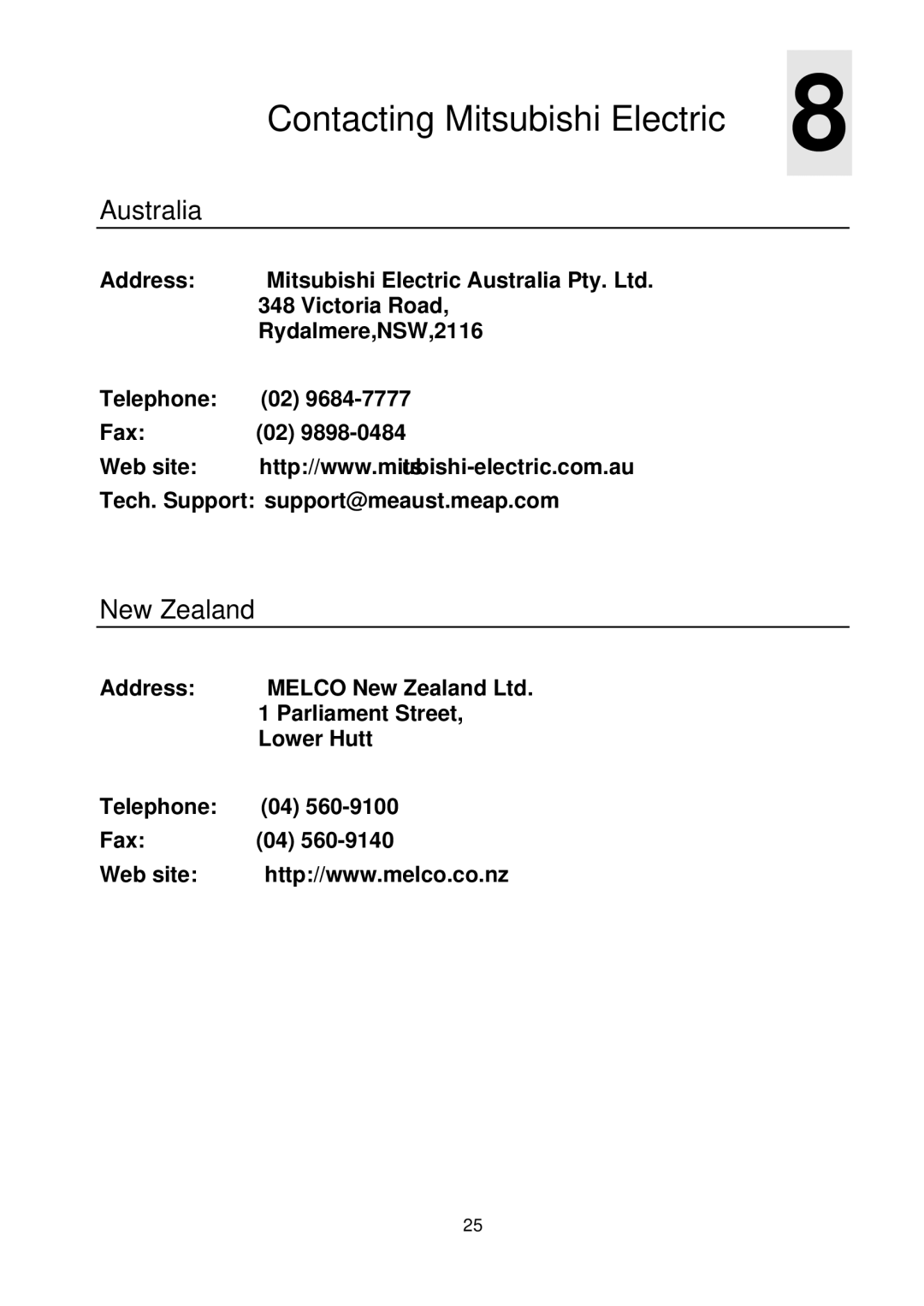 Mitsubishi Electronics DV180 user manual Contacting Mitsubishi Electric, Australia, New Zealand 