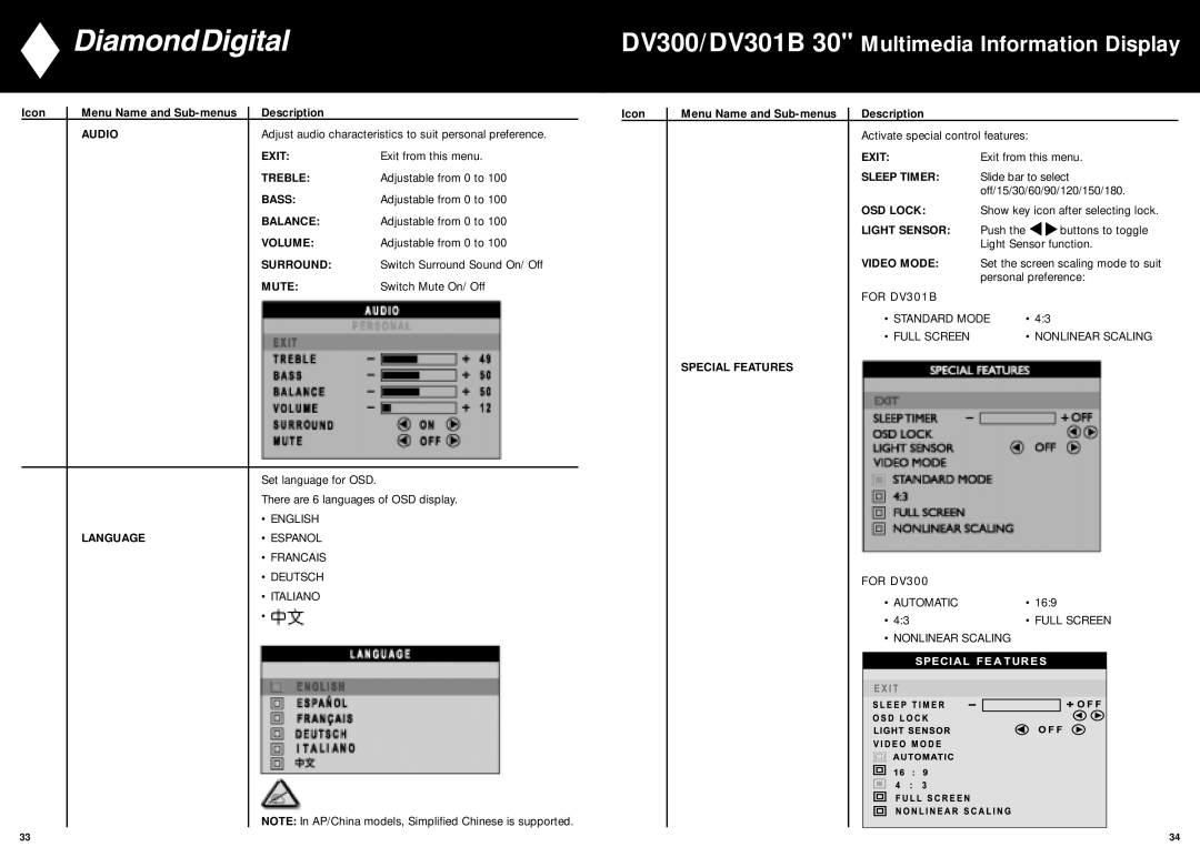 Mitsubishi Electronics DV301B manual Sleep Timer, OSD Lock, Light Sensor, Surround, Video Mode, For DV300 