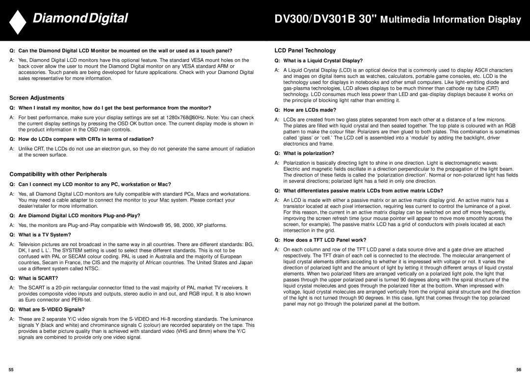 Mitsubishi Electronics DV300, DV301B manual Screen Adjustments, Compatibility with other Peripherals, LCD Panel Technology 