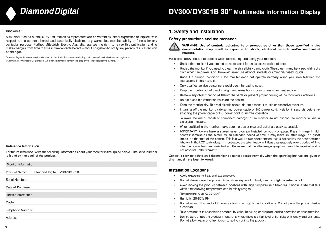 Mitsubishi Electronics DV300, DV301B Safety and Installation, Safety precautions and maintenance, Installation Locations 