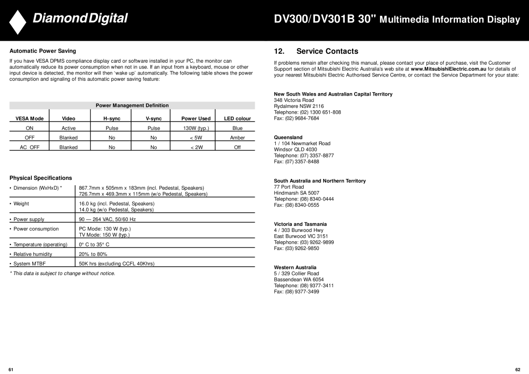 Mitsubishi Electronics DV301B, DV300 manual Service Contacts, Automatic Power Saving, Physical Specifications 