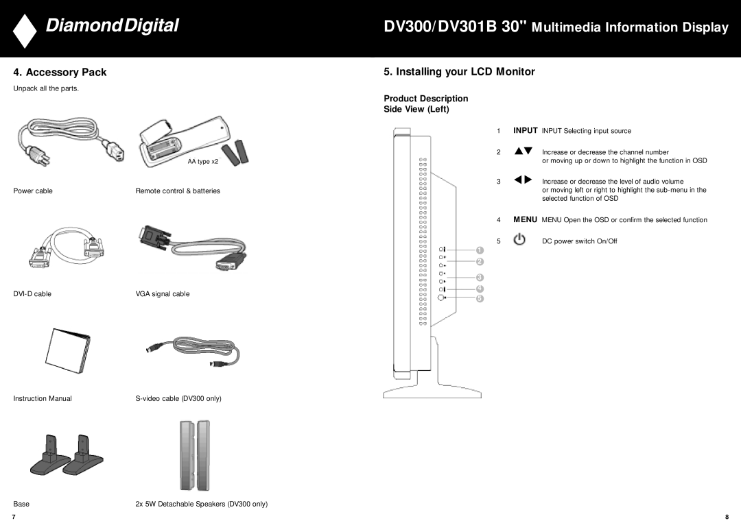 Mitsubishi Electronics DV300, DV301B manual Accessory Pack, Installing your LCD Monitor, Product Description Side View Left 