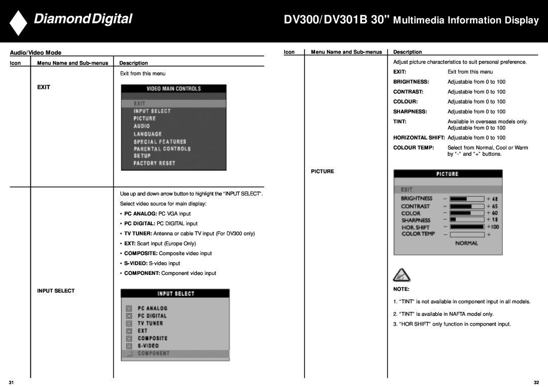 Mitsubishi Electronics manual DV300/DV301B 30 Multimedia Information Display, Audio/Video Mode, Exit 