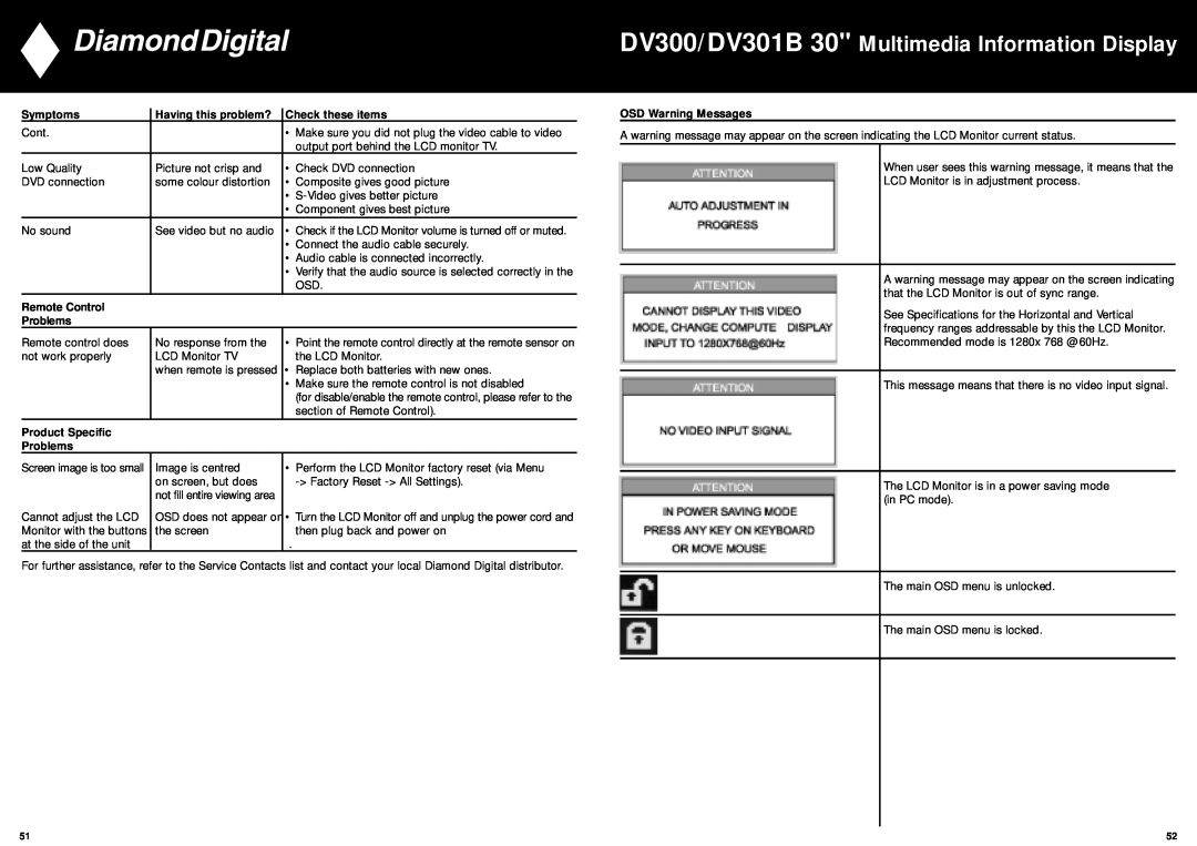 Mitsubishi Electronics manual DV300/DV301B 30 Multimedia Information Display, OSD does not appear on 
