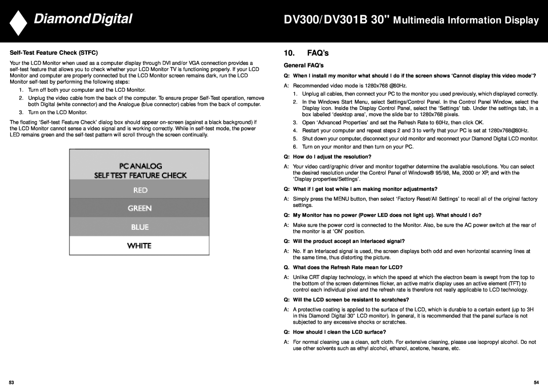 Mitsubishi Electronics manual DV300/DV301B 30 Multimedia Information Display, FAQ’s, Self-Test Feature Check STFC 