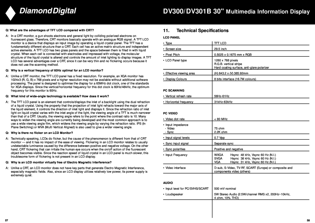 Mitsubishi Electronics manual DV300/DV301B 30 Multimedia Information Display, Technical Specifications 
