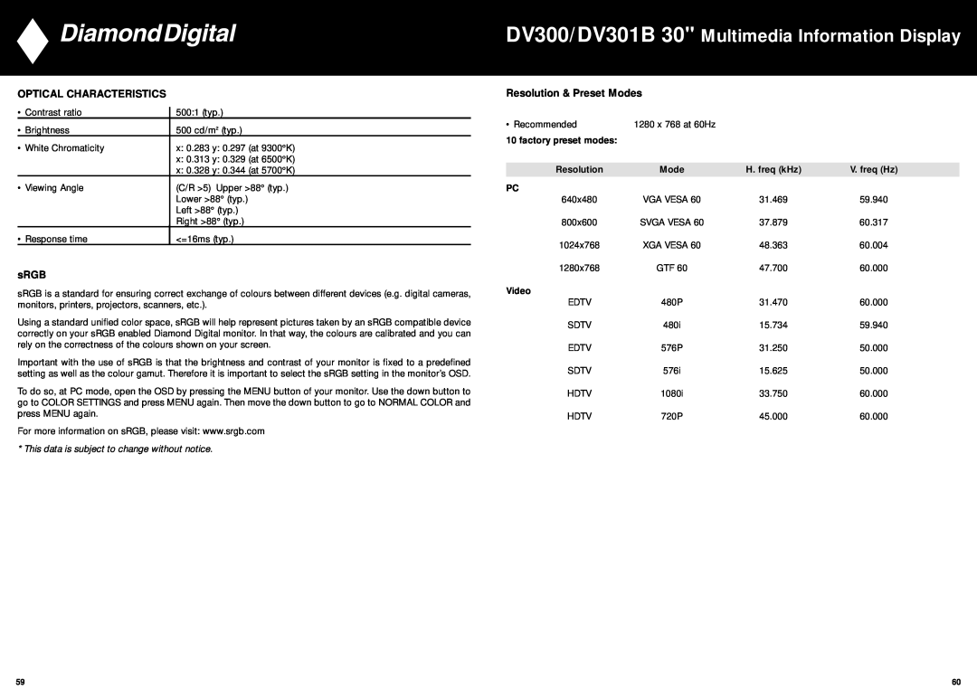 Mitsubishi Electronics manual DV300/DV301B 30 Multimedia Information Display, Optical Characteristics, sRGB 
