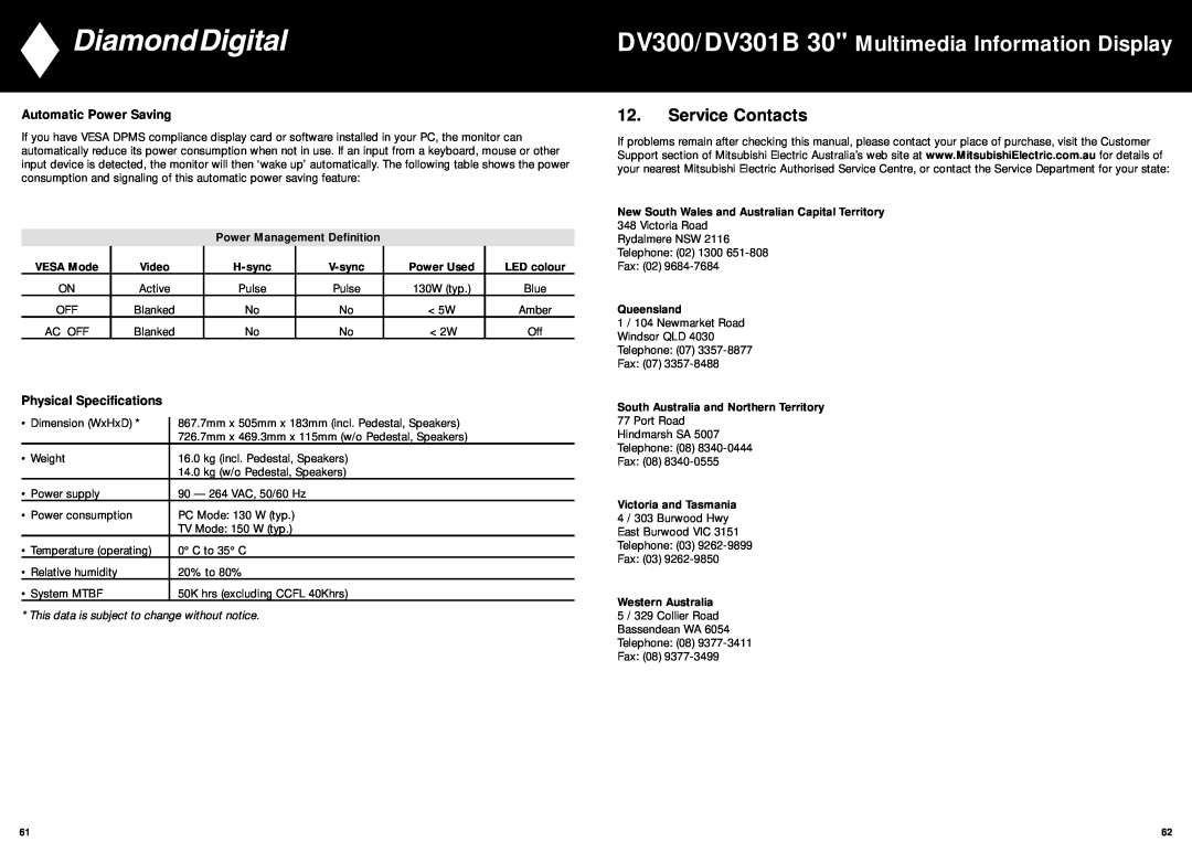 Mitsubishi Electronics manual DV300/DV301B 30 Multimedia Information Display, Service Contacts, Automatic Power Saving 