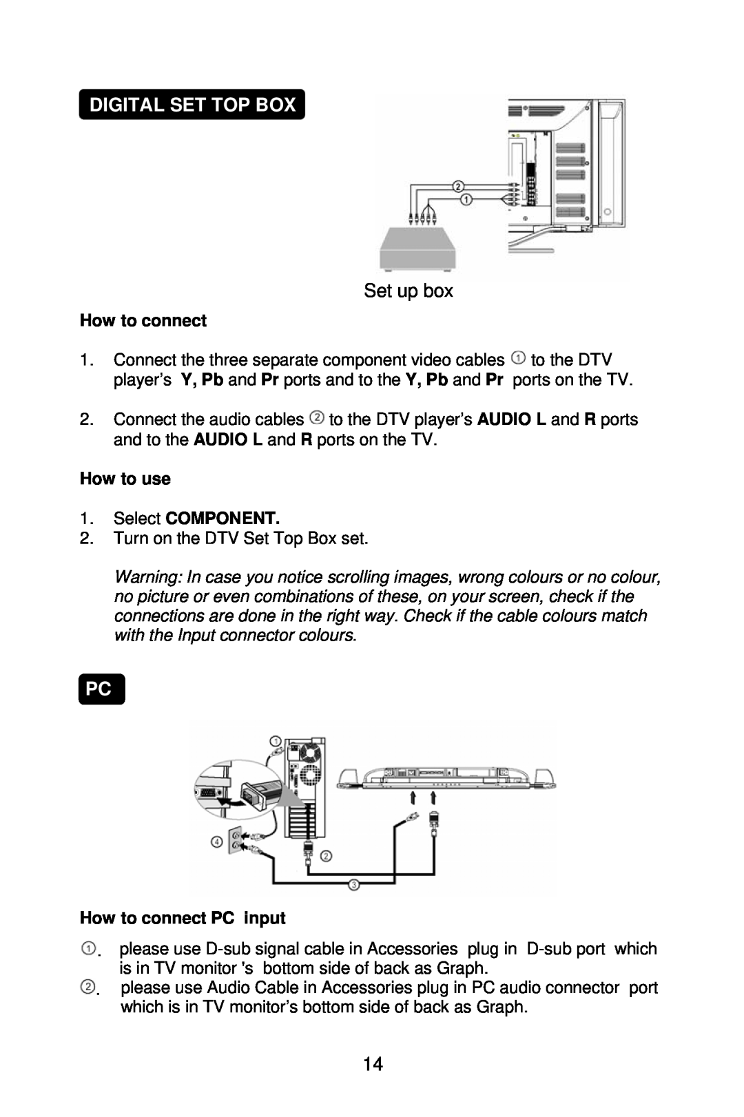 Mitsubishi Electronics DV321 Digital Set Top Box, Set up box, How to connect PC input, How to use 1. Select COMPONENT 