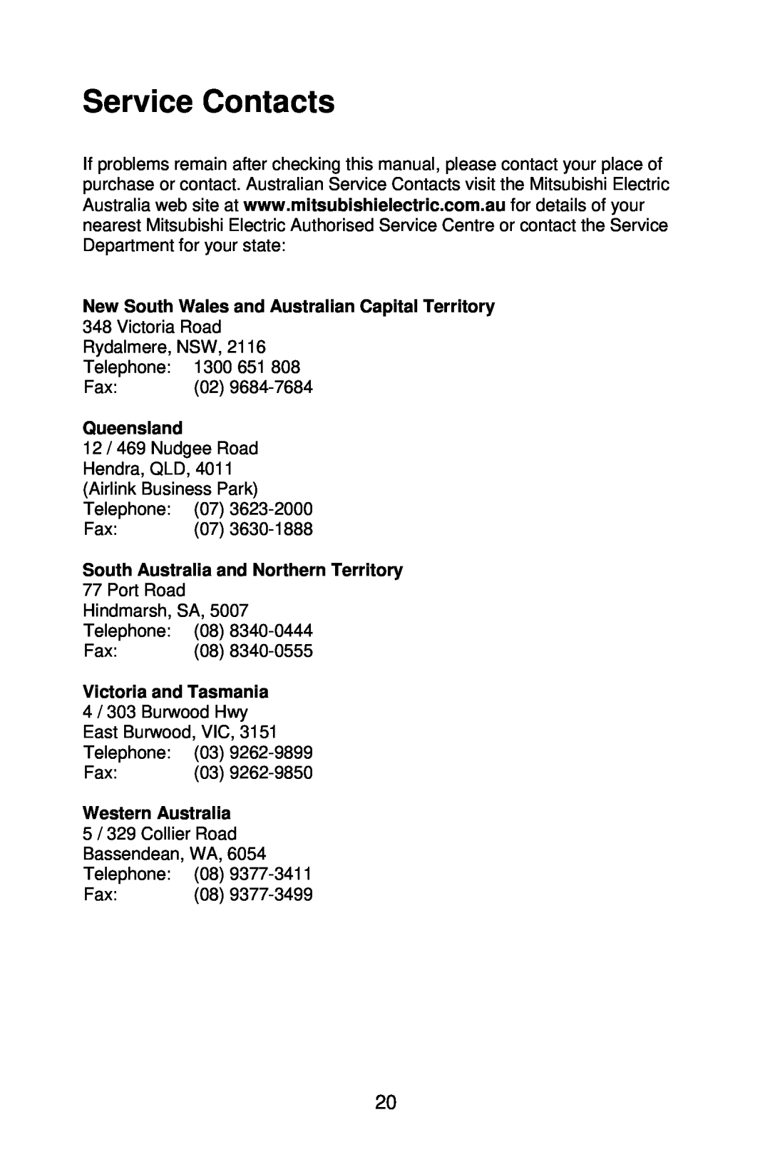 Mitsubishi Electronics DV321 user manual Service Contacts, New South Wales and Australian Capital Territory, Queensland 