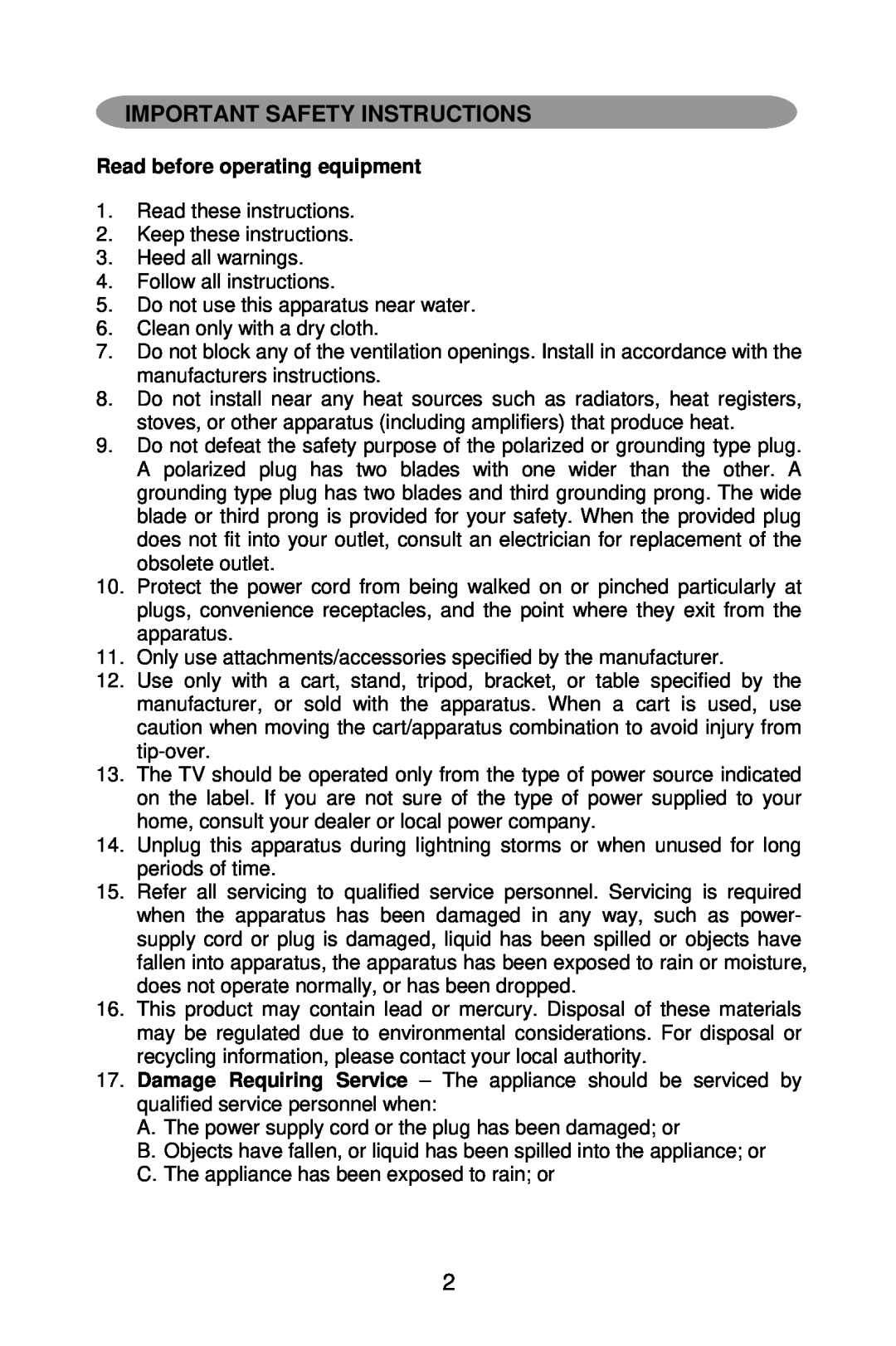 Mitsubishi Electronics DV321 user manual Important Safety Instructions, Read before operating equipment 