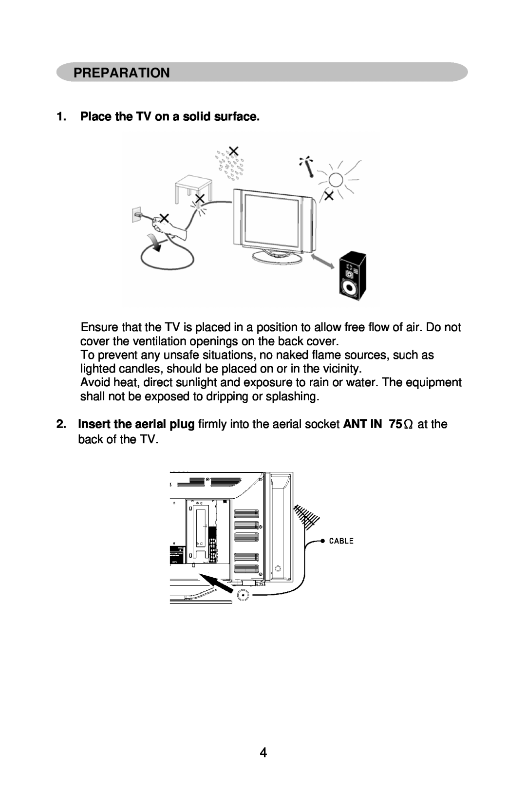 Mitsubishi Electronics DV321 user manual Preparation, Place the TV on a solid surface 