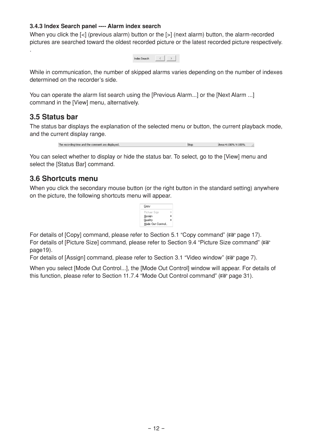 Mitsubishi Electronics DX-PC25EA operation manual Status bar, Shortcuts menu, Index Search panel Alarm index search 