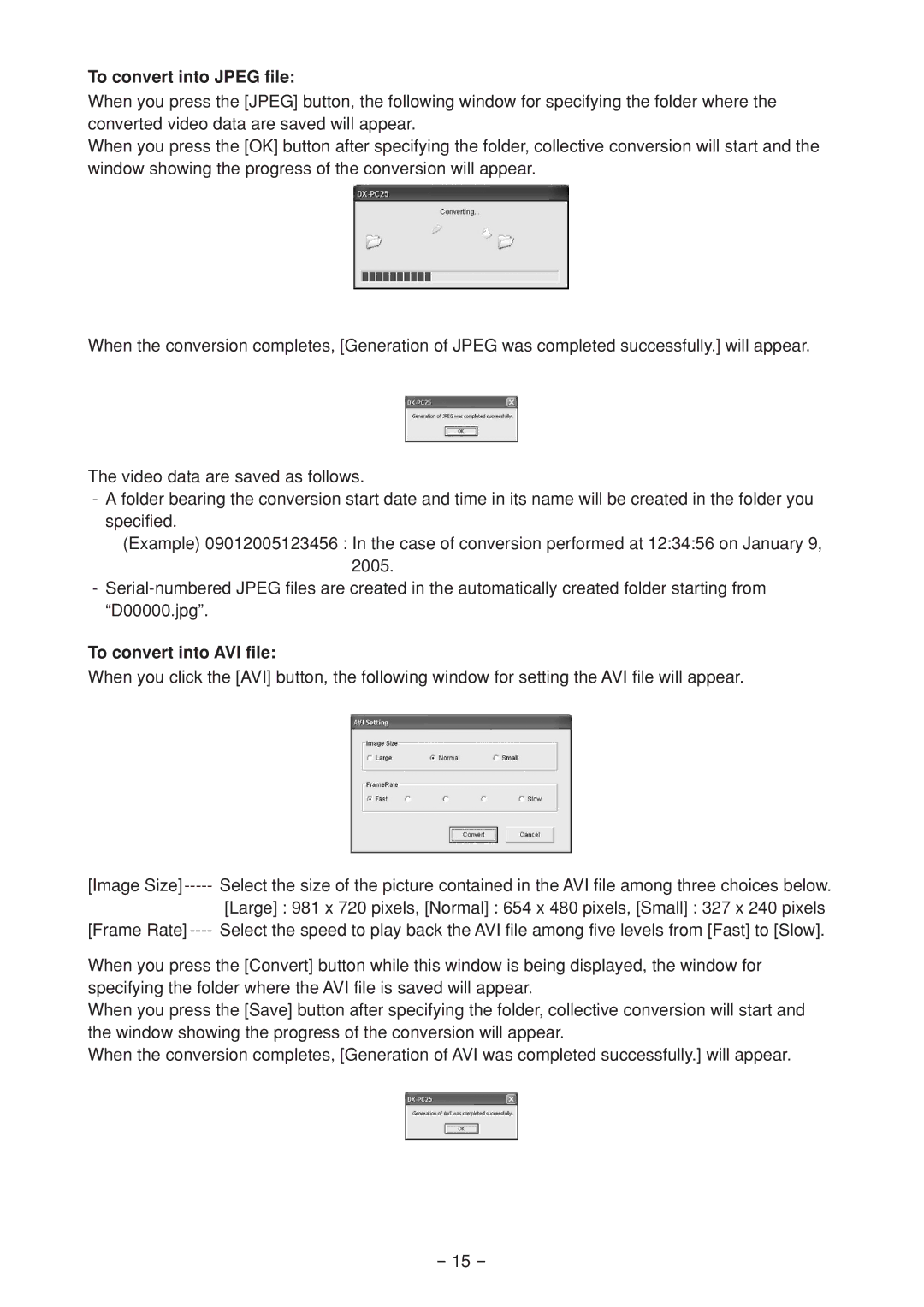 Mitsubishi Electronics DX-PC25EA operation manual To convert into Jpeg file, To convert into AVI file 