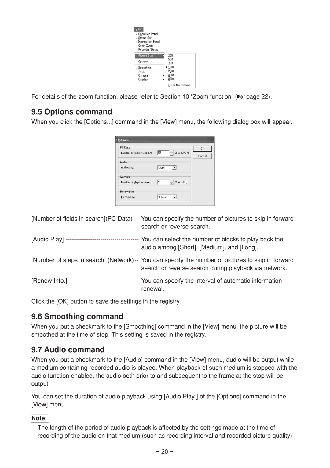 Mitsubishi Electronics DX-PC25EA operation manual Options command, Smoothing command, Audio command 