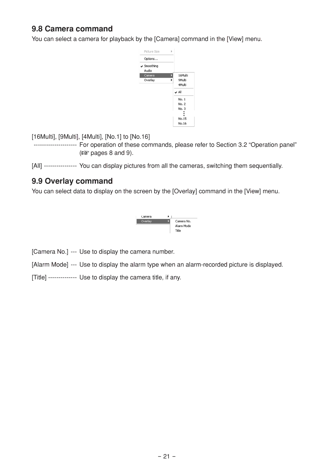 Mitsubishi Electronics DX-PC25EA operation manual Camera command, Overlay command 