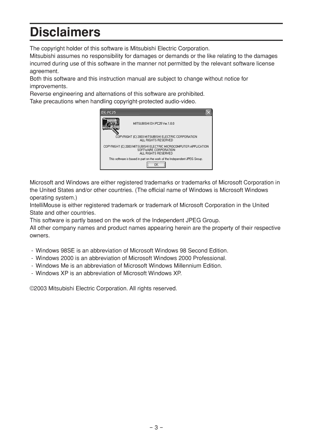 Mitsubishi Electronics DX-PC25EA operation manual Disclaimers 