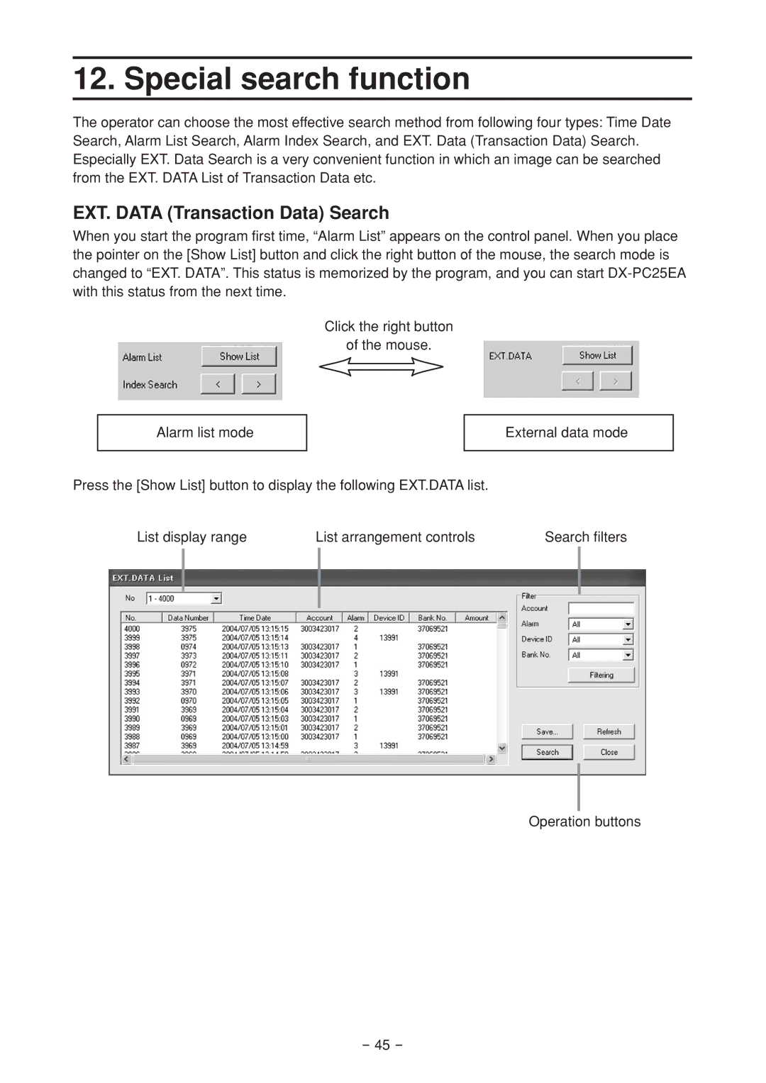 Mitsubishi Electronics DX-PC25EA operation manual Special search function, EXT. Data Transaction Data Search 