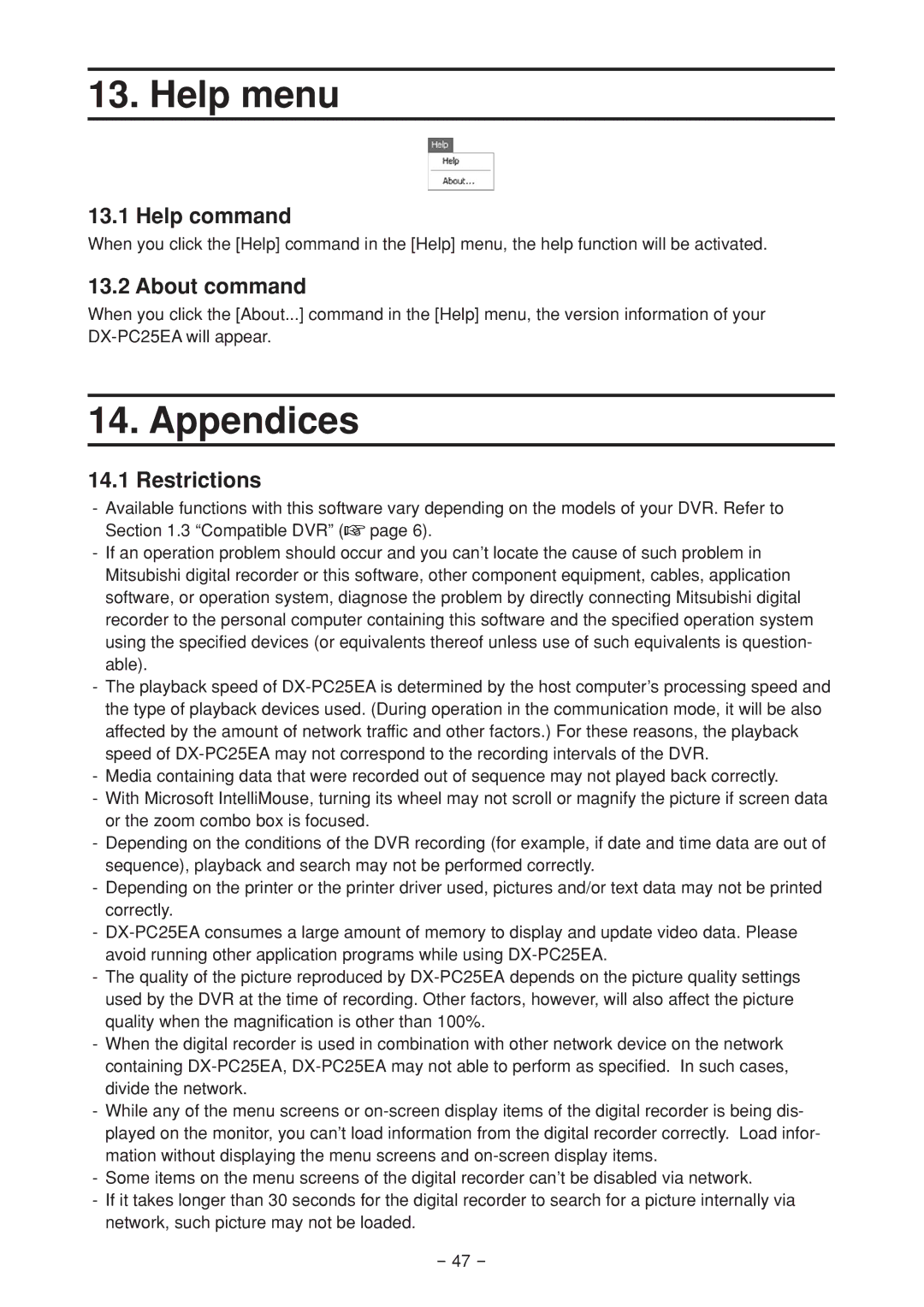 Mitsubishi Electronics DX-PC25EA operation manual Help menu, Appendices, Help command, About command, Restrictions 