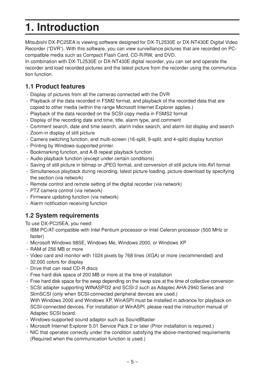 Mitsubishi Electronics DX-PC25EA operation manual Introduction, Product features, System requirements 