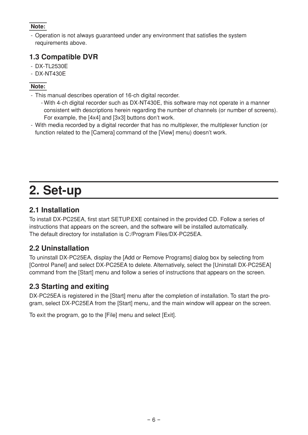 Mitsubishi Electronics DX-PC25EA Set-up, Compatible DVR, Installation, Uninstallation, Starting and exiting 