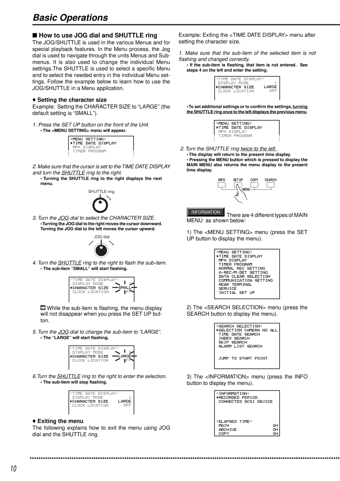 Mitsubishi Electronics DX-TL1600EM Basic Operations, How to use JOG dial and Shuttle ring, Setting the character size 