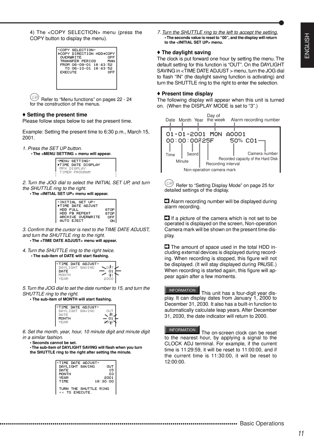 Mitsubishi Electronics DX-TL1600EM operation manual Setting the present time, Daylight saving, Present time display 