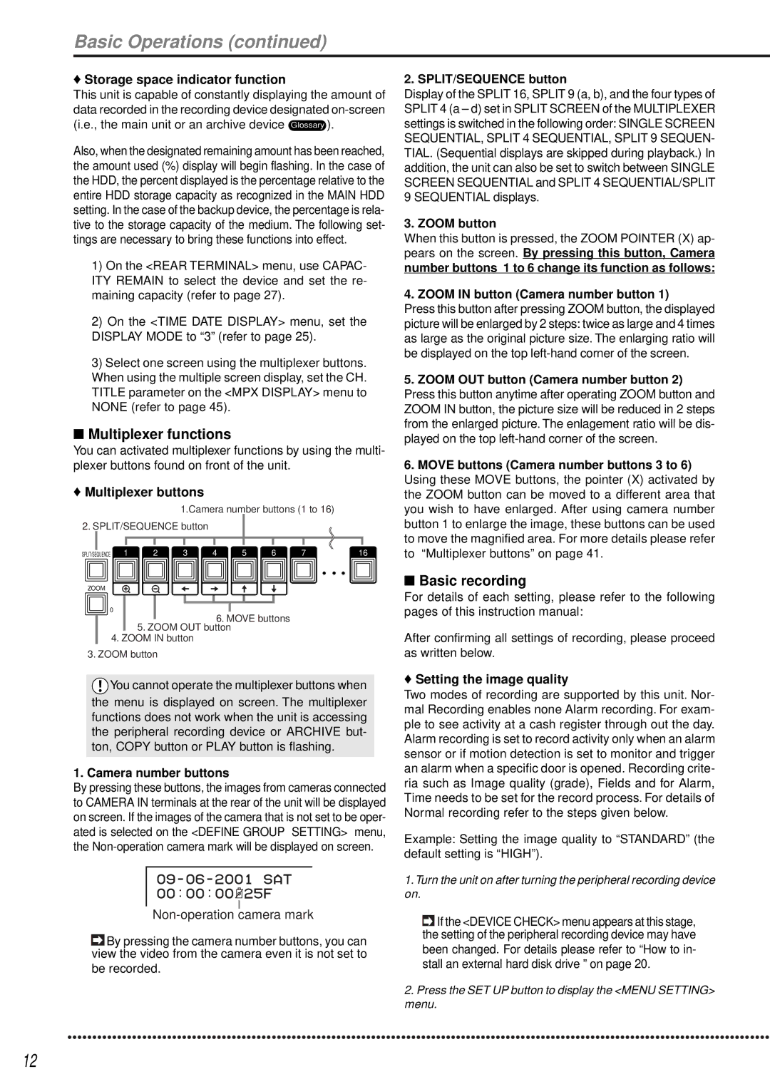 Mitsubishi Electronics DX-TL1600EM operation manual Basic Operations, Multiplexer functions, Basic recording 